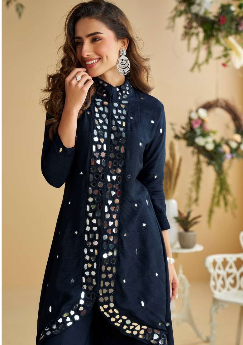 Black Mirror Work Silk Blend Salwar Kameez - Indya
