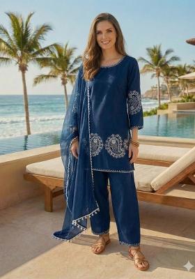 Navy Blue Embroidered Crepe Salwar Kameez