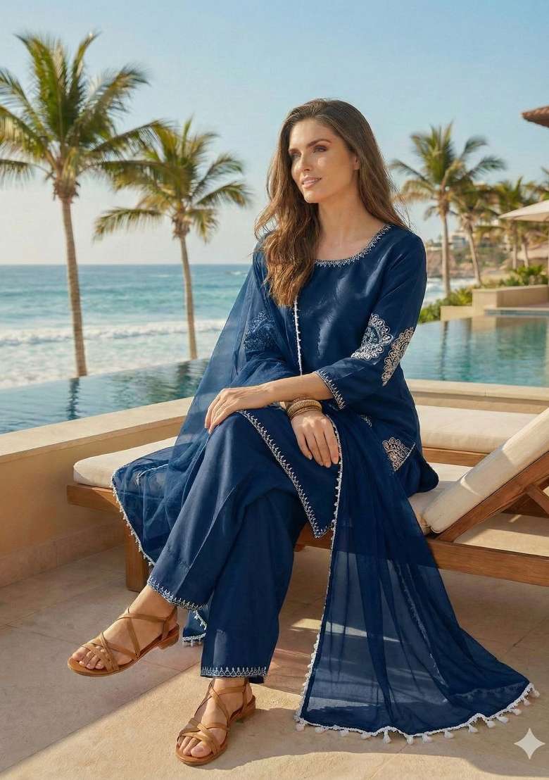 Navy Blue Embroidered Crepe Salwar Kameez - Indya