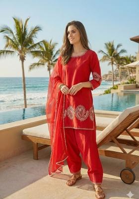 Red Embroidered Crepe Salwar Kameez