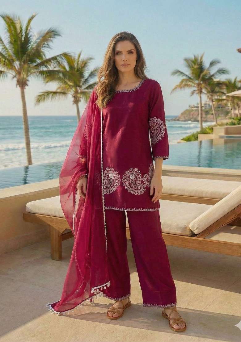 Maroon Embroidered Crepe Salwar Kameez - Indya