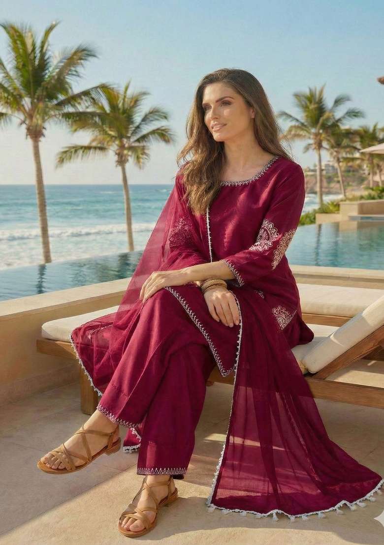 Maroon Embroidered Crepe Salwar Kameez - Indya