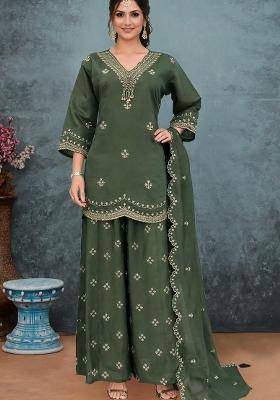 Green Embroidered Silk Blend Salwar Kameez