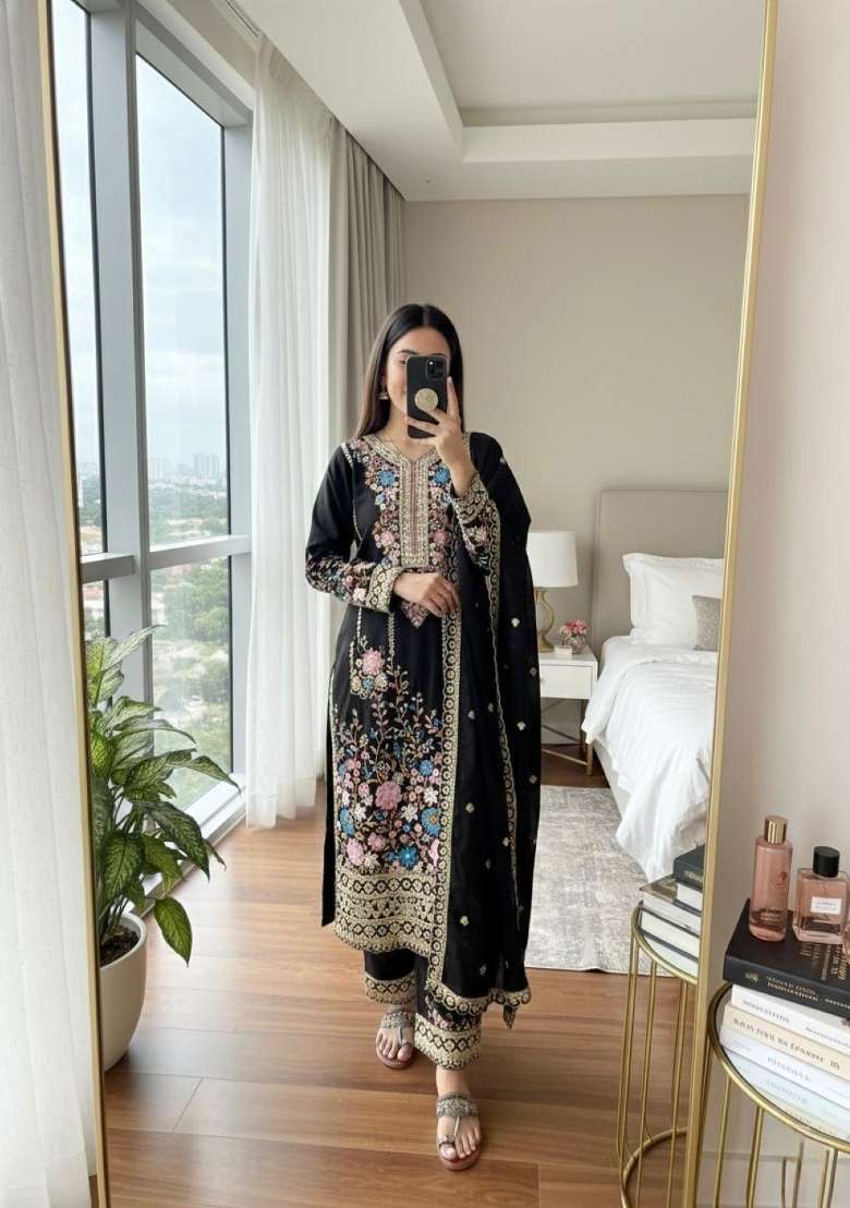Black Embroidered Silk Blend Salwar Kameez - Indya