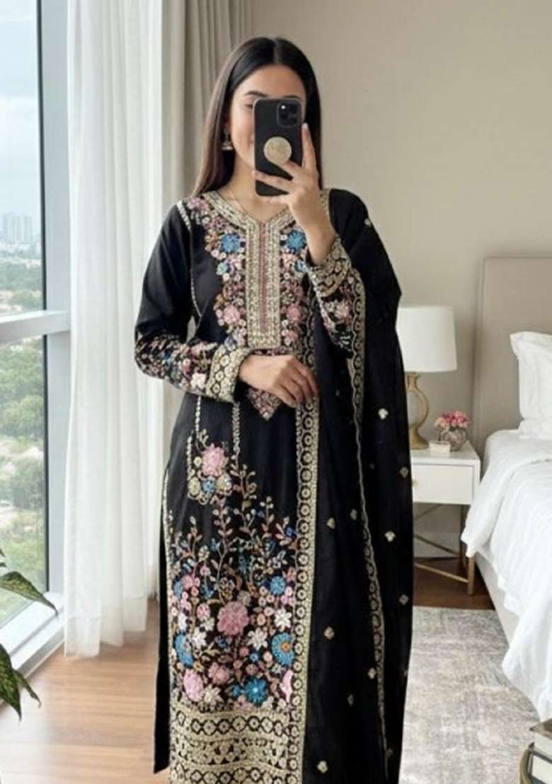 Black Embroidered Silk Blend Salwar Kameez - Indya