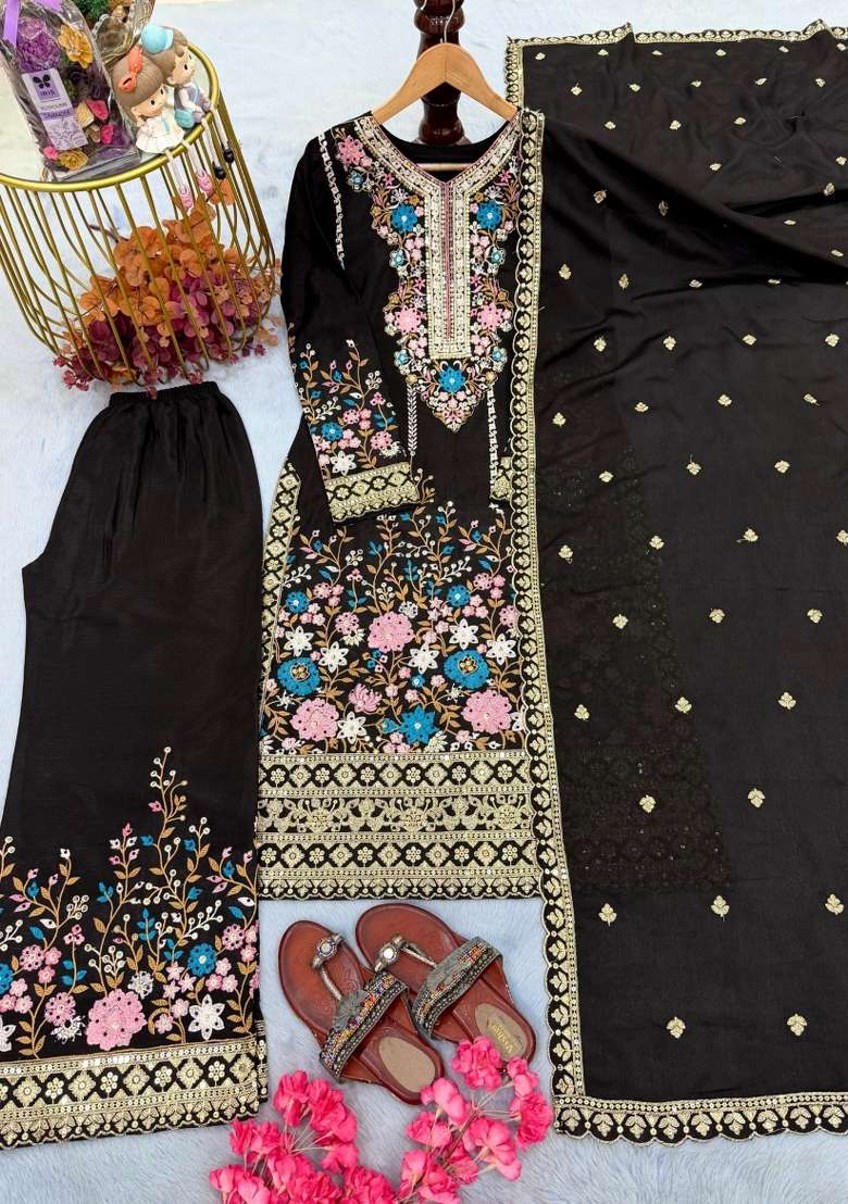 Black Embroidered Silk Blend Salwar Kameez - Indya