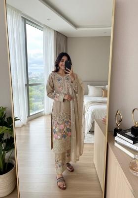 Beige Embroidered Silk Salwar Kameez