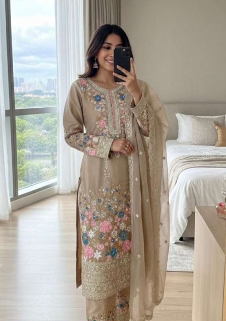 Beige Embroidered Silk Blend Salwar Kameez - Indya
