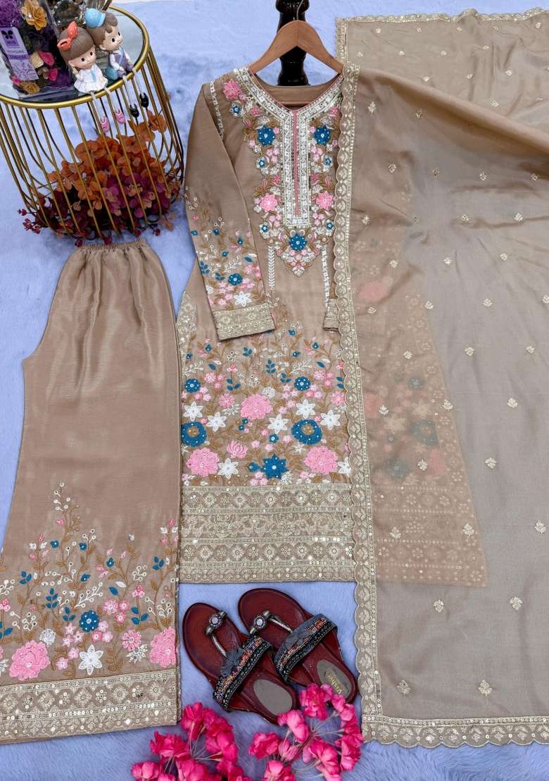 Beige Embroidered Silk Blend Salwar Kameez - Indya