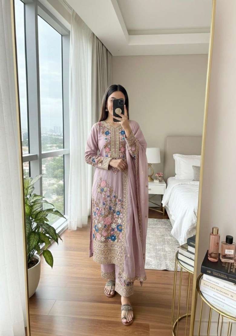 Lavender Embroidered Silk Blend Salwar Kameez - Indya