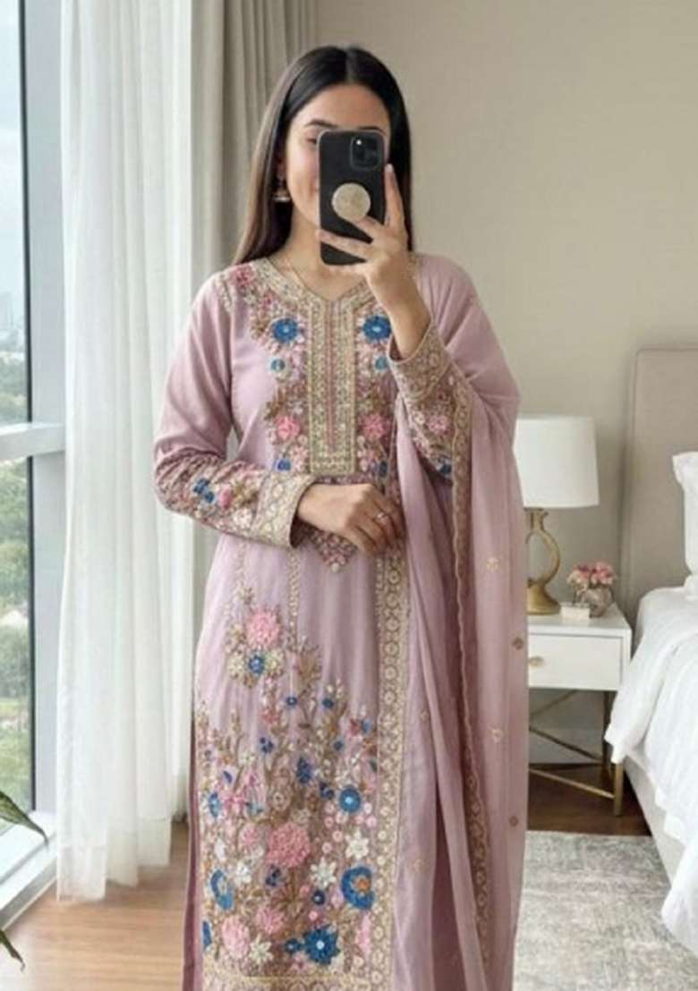 Lavender Embroidered Silk Blend Salwar Kameez - Indya
