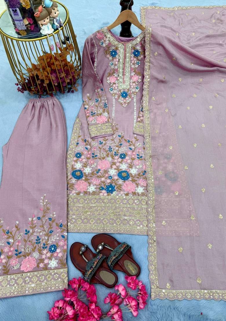 Lavender Embroidered Silk Blend Salwar Kameez - Indya