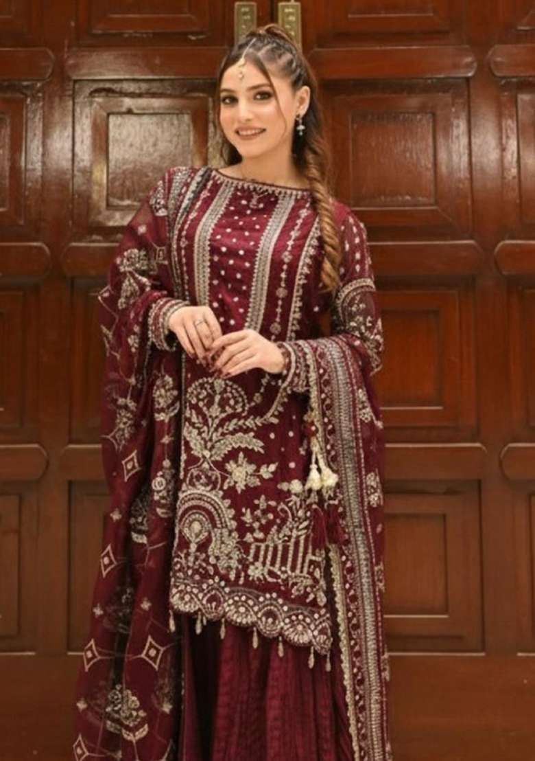 Maroon Embroidered Georgette Salwar Kameez - Indya