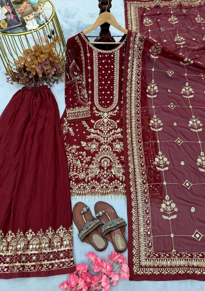Maroon Embroidered Georgette Salwar Kameez - Indya