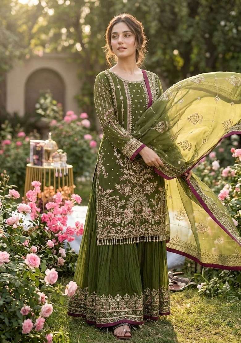Mehendi Embroidered Georgette Salwar Kameez - Indya