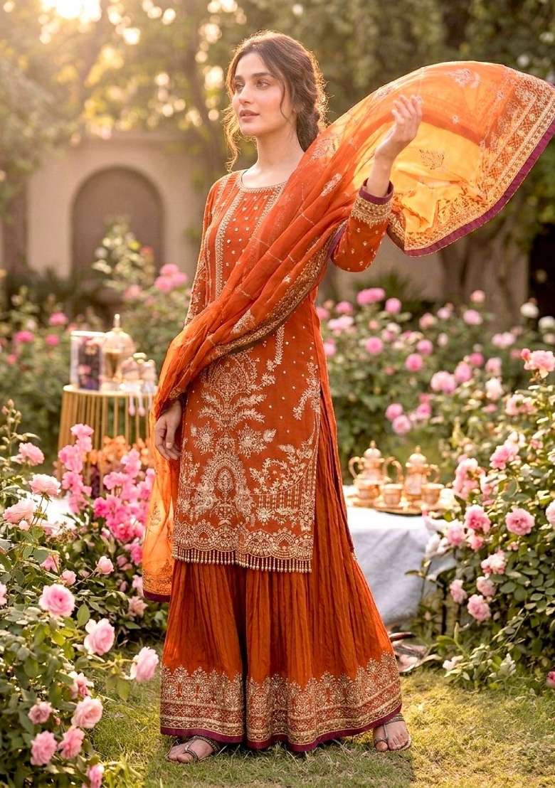 Orange Embroidered Georgette Salwar Kameez - Indya