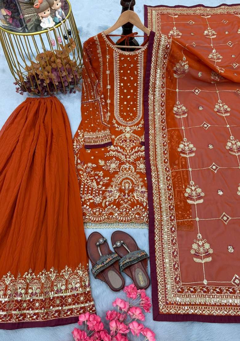 Orange Embroidered Georgette Salwar Kameez - Indya