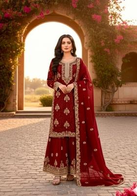 Maroon Embroidered Silk Salwar Kameez