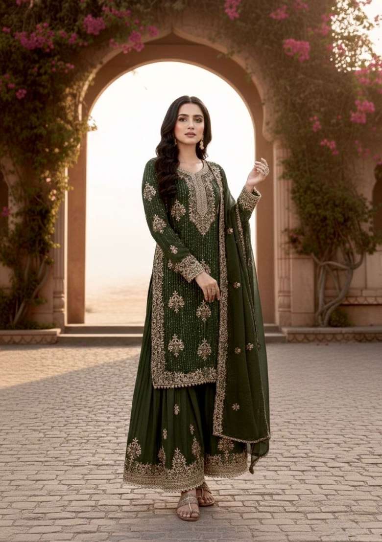 Mehendi Embroidered Silk Blend Salwar Kameez - Indya