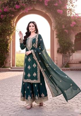 Teal Blue Embroidered Silk Salwar Kameez