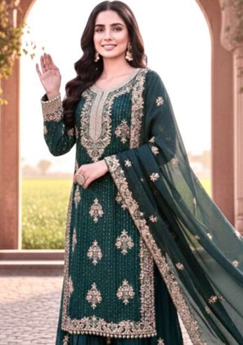 Teal Blue Embroidered Silk Blend Salwar Kameez - Indya