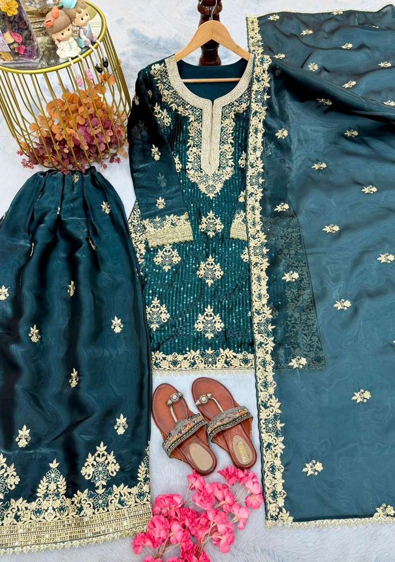 Teal Blue Embroidered Silk Blend Salwar Kameez - Indya
