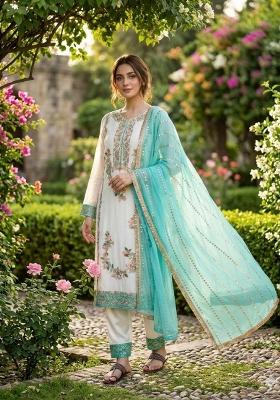 White Moti Work Silk Salwar Kameez