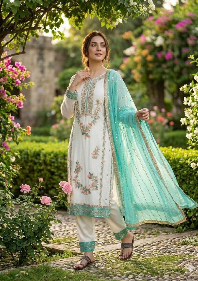 White Moti Work Silk Salwar Kameez - Indya