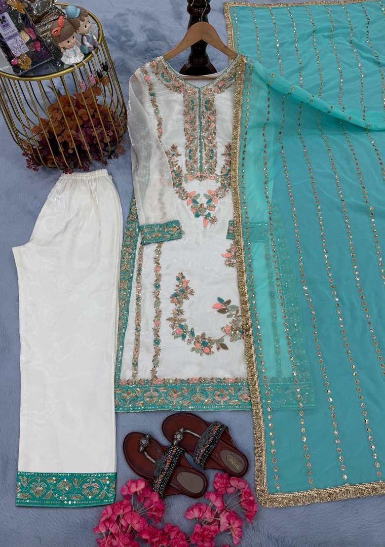 White Moti Work Silk Salwar Kameez - Indya