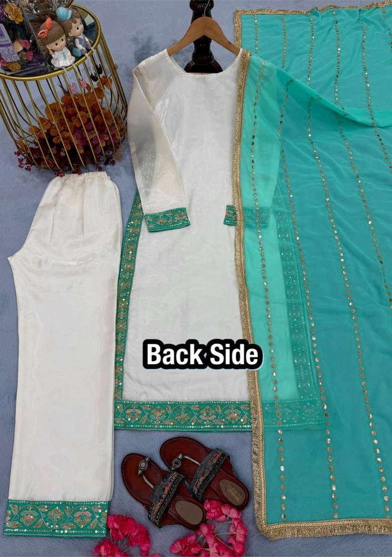 White Moti Work Silk Salwar Kameez - Indya