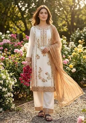 White Moti Work Silk Salwar Kameez