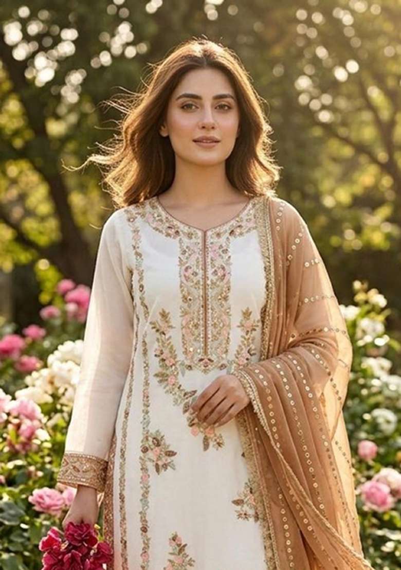White Moti Work Silk Salwar Kameez - Indya