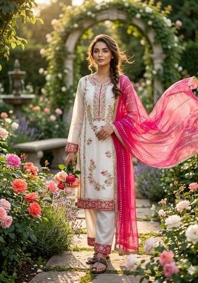 White Moti Work Silk Salwar Kameez