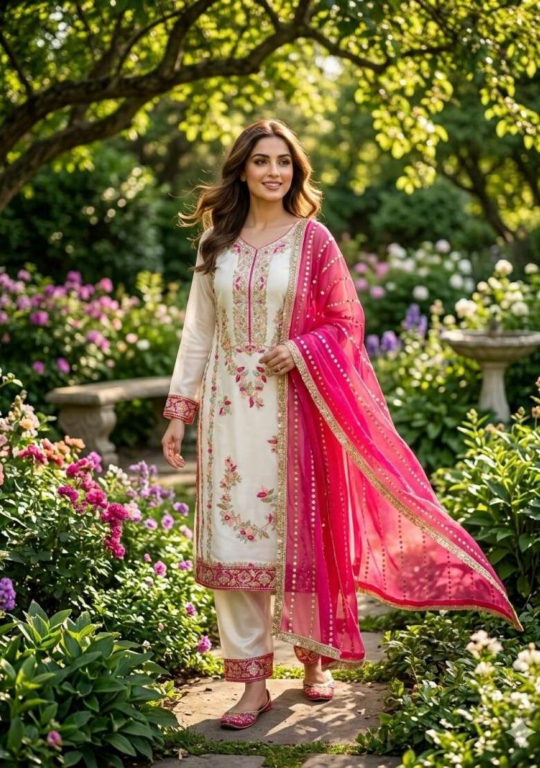 White Moti Work Silk Salwar Kameez - Indya