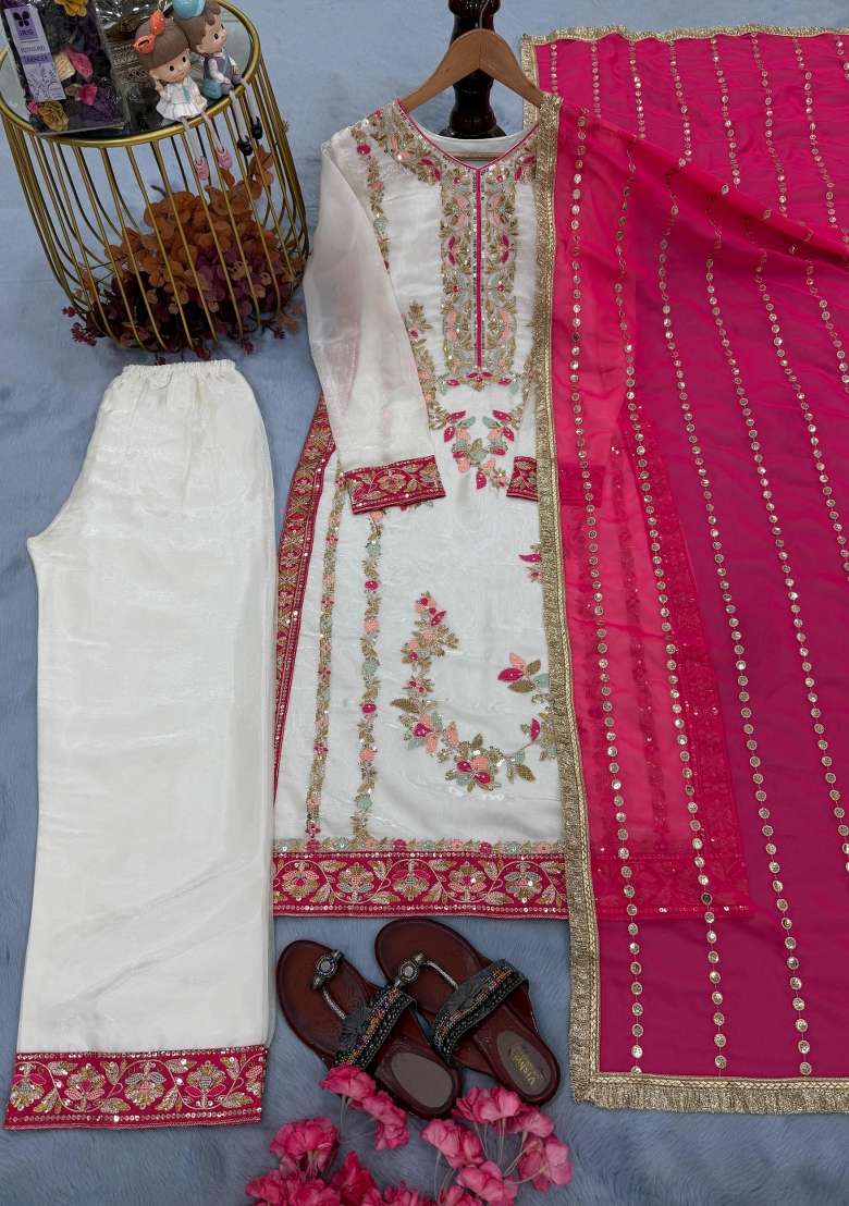 White Moti Work Silk Salwar Kameez - Indya
