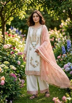White Moti Work Silk Salwar Kameez