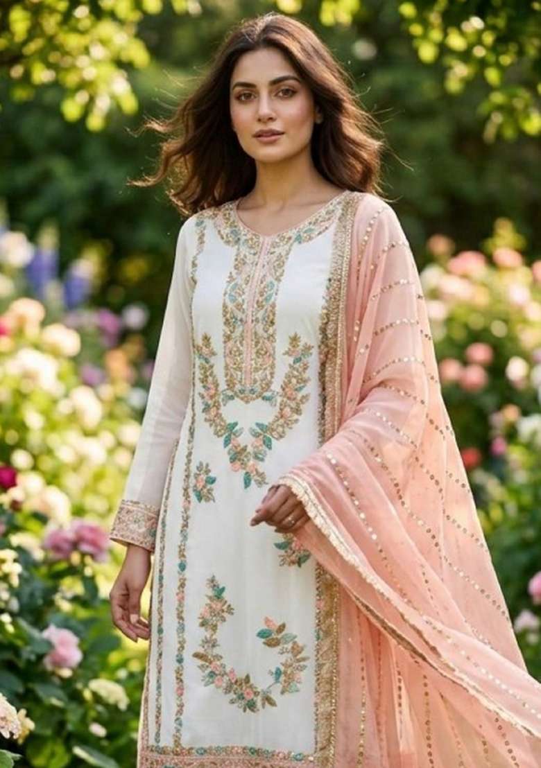 White Moti Work Silk Salwar Kameez - Indya