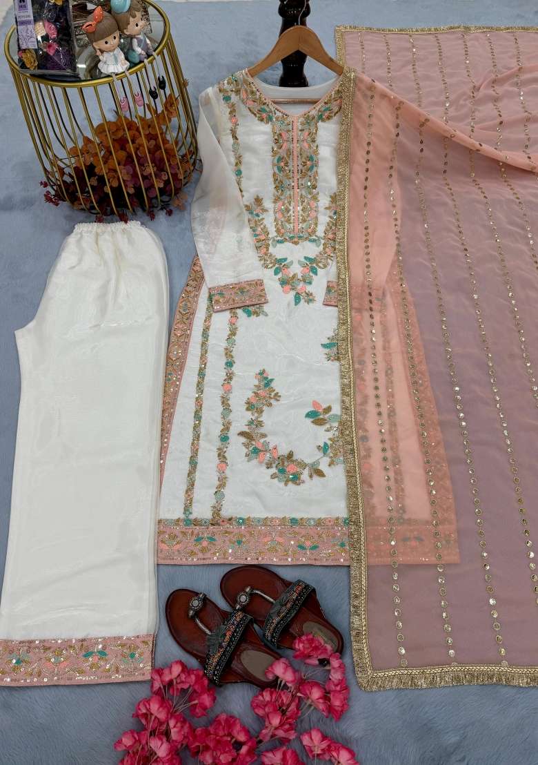 White Moti Work Silk Salwar Kameez - Indya