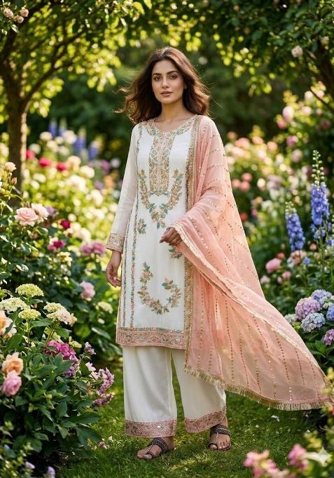 White Moti Work Silk Salwar Kameez