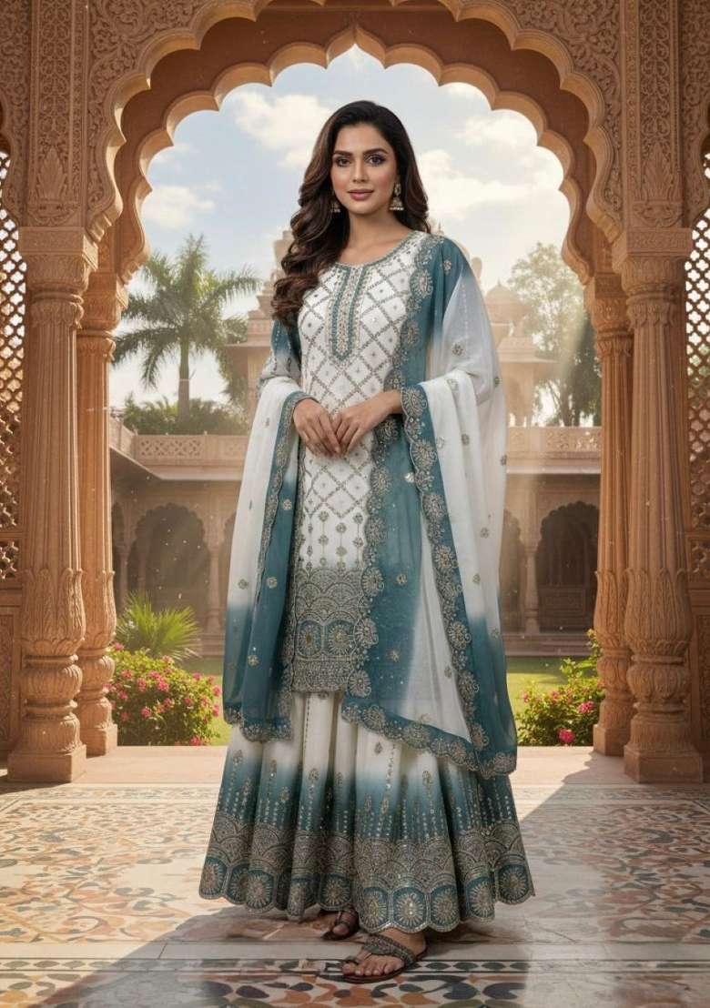 White Embroidered Georgette Salwar Kameez - Indya