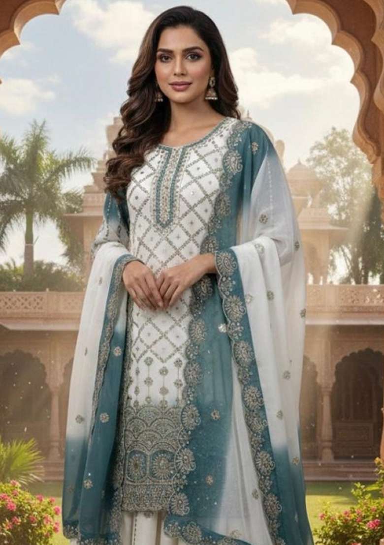 White Embroidered Georgette Salwar Kameez - Indya