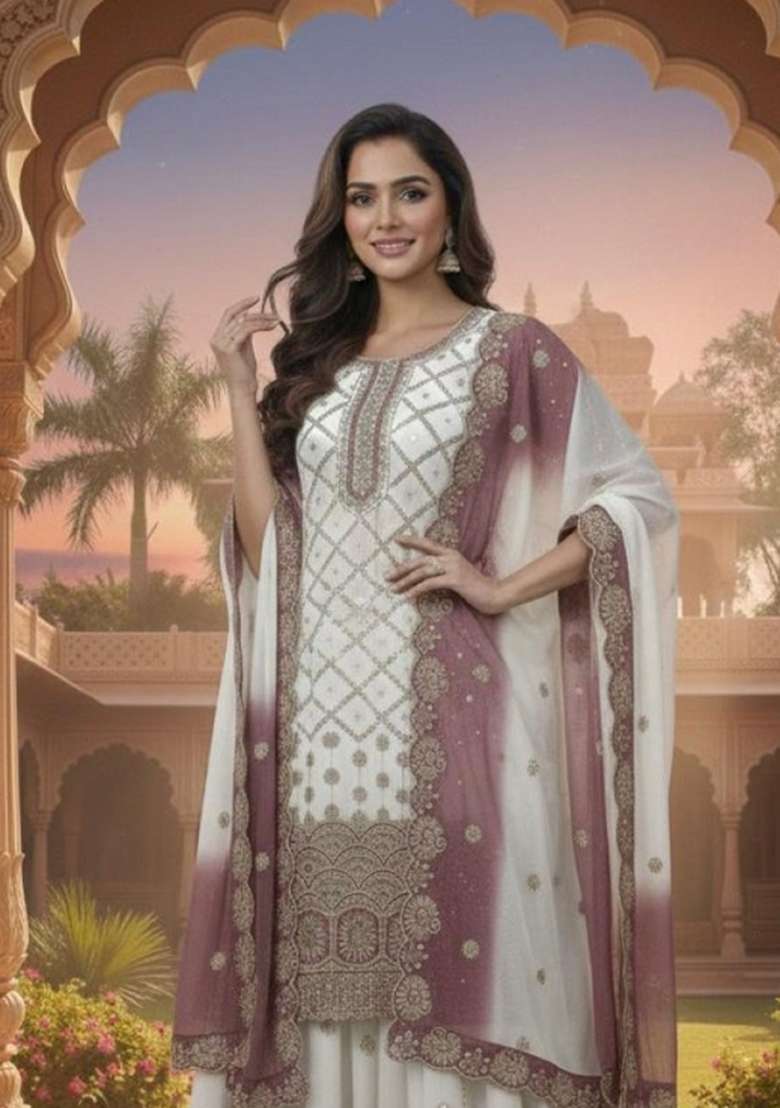 White Embroidered Georgette Salwar Kameez - Indya