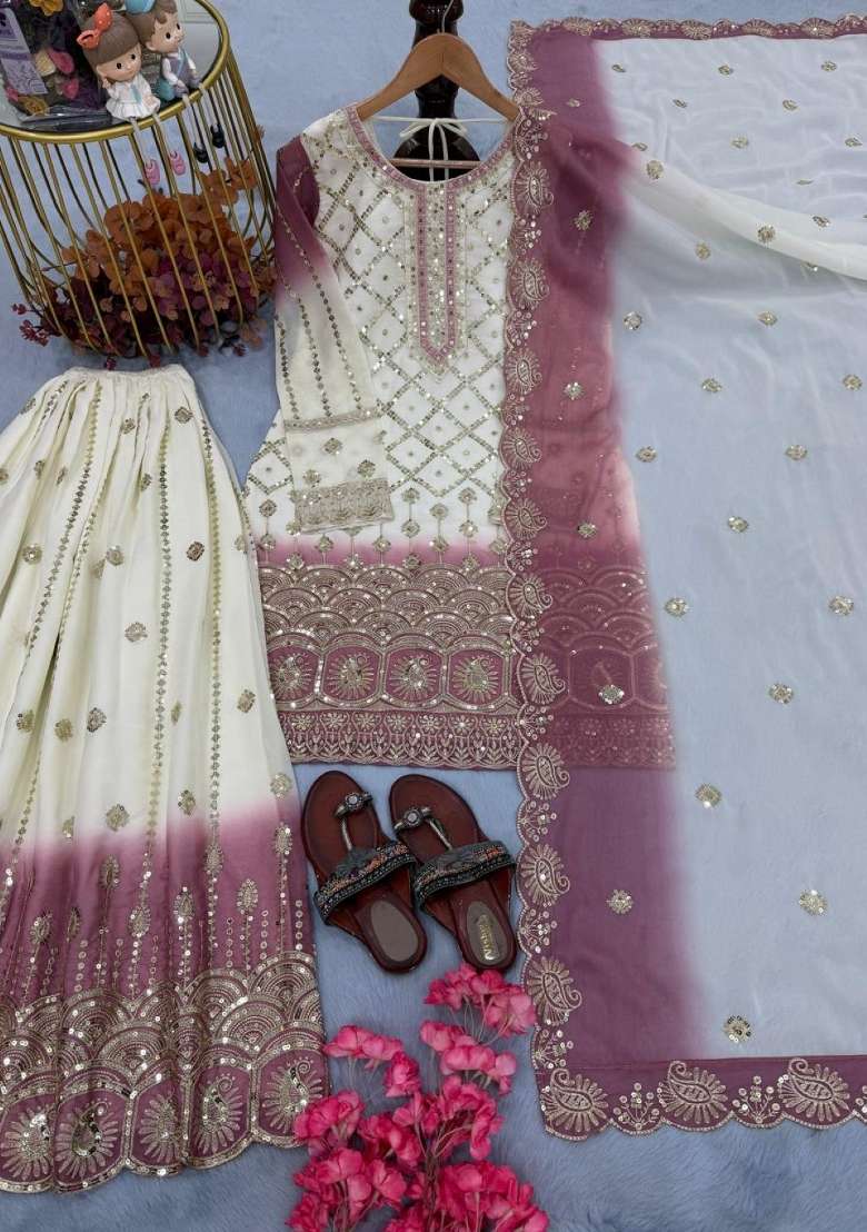 White Embroidered Georgette Salwar Kameez - Indya