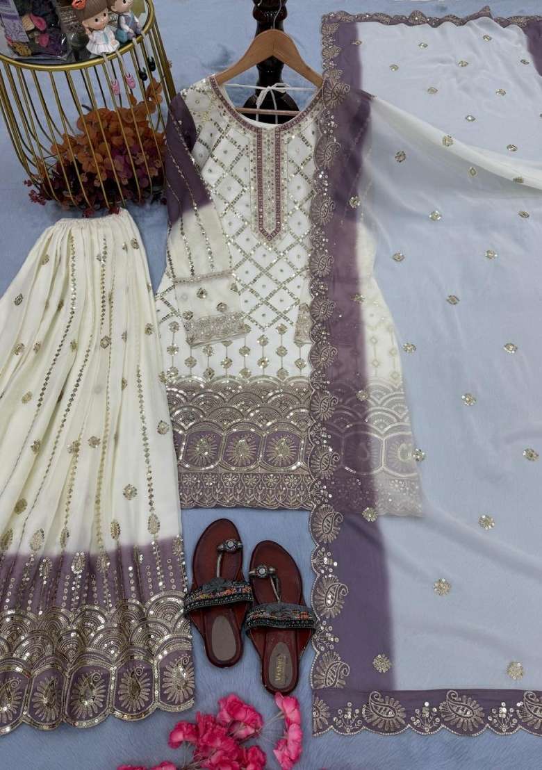 White Embroidered Georgette Salwar Kameez - Indya