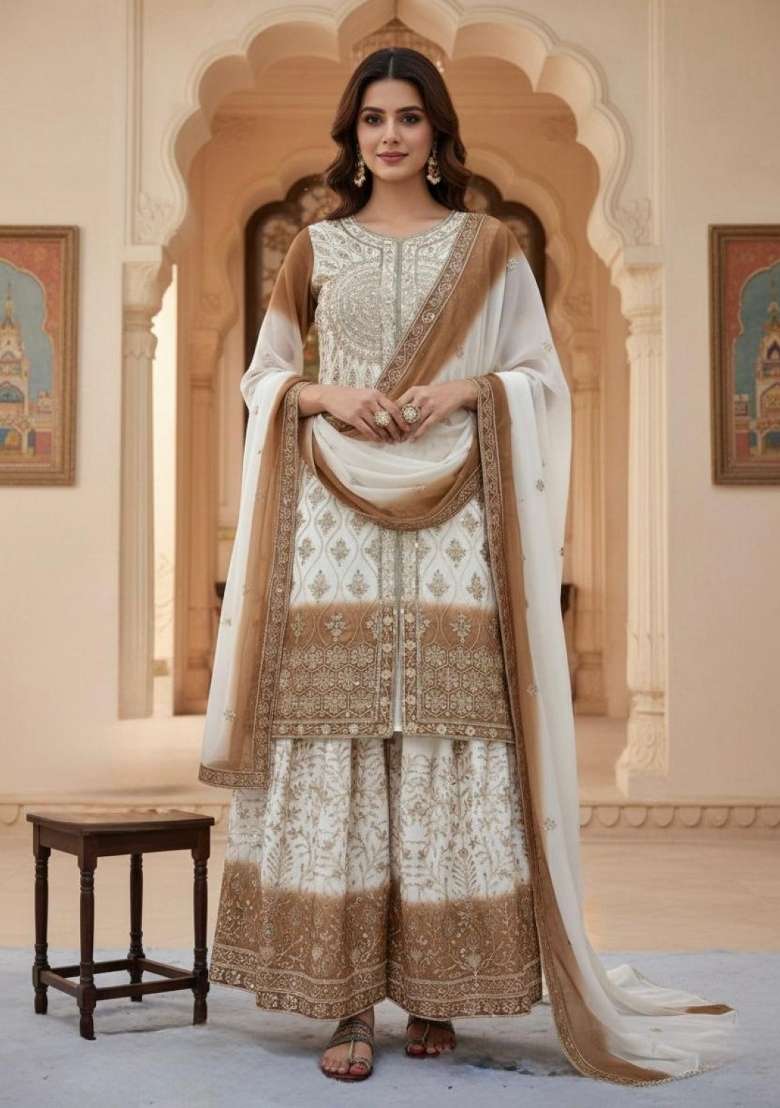 White Embroidered Georgette Salwar Kameez - Indya