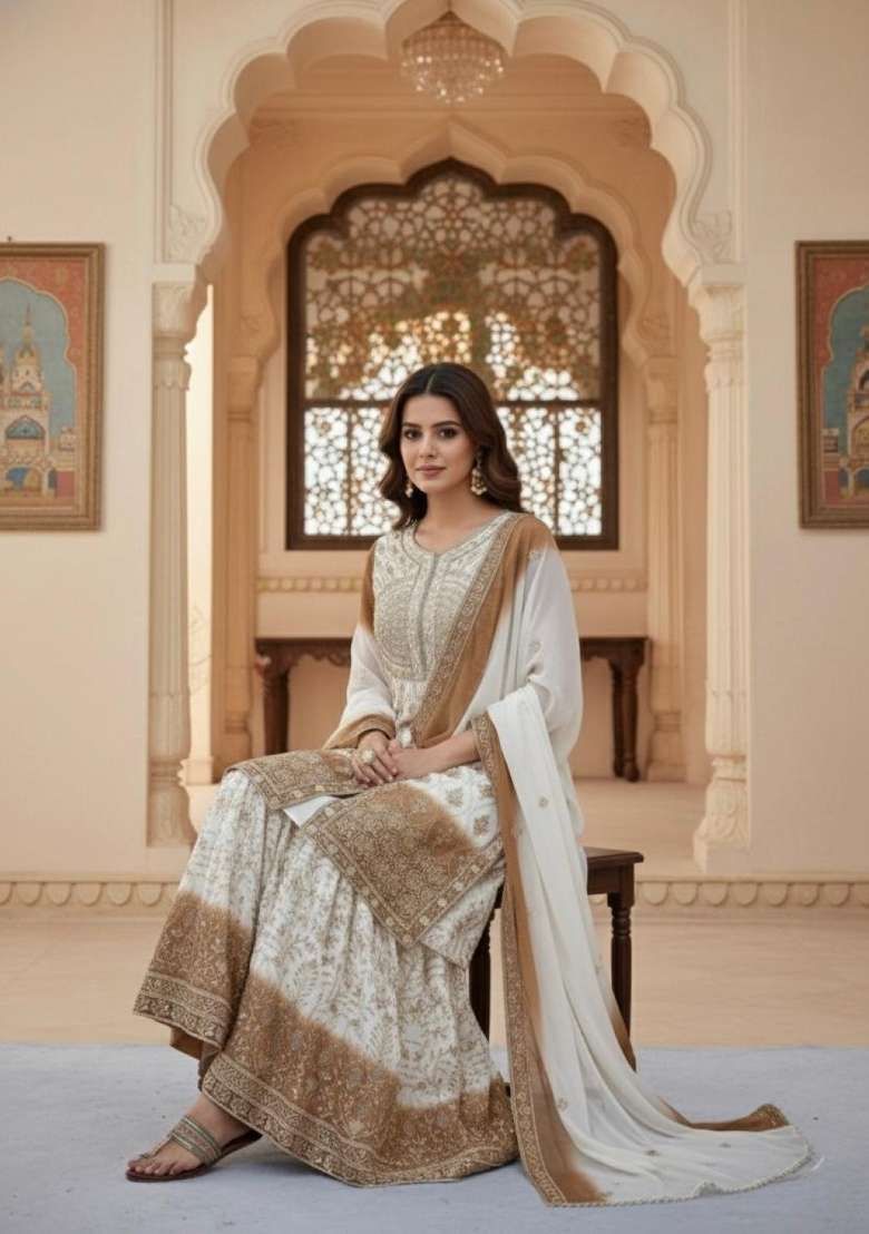 White Embroidered Georgette Salwar Kameez - Indya