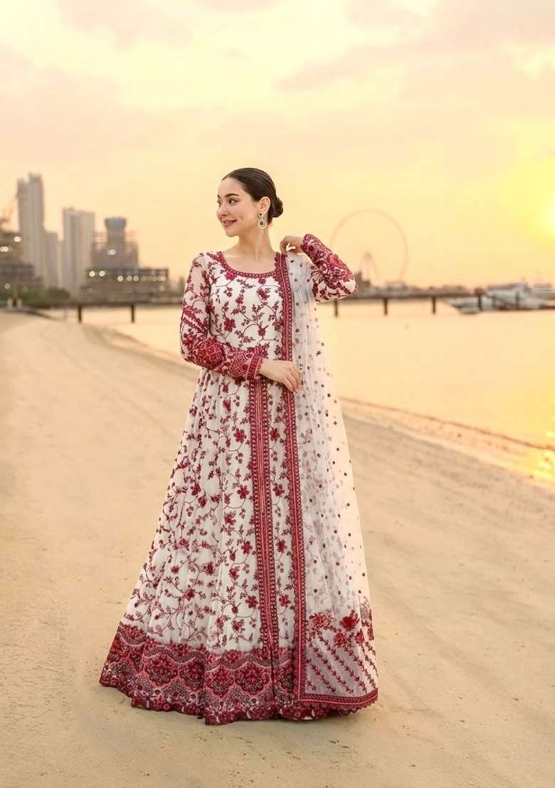 White Embroidered Georgette Salwar Kameez - Indya
