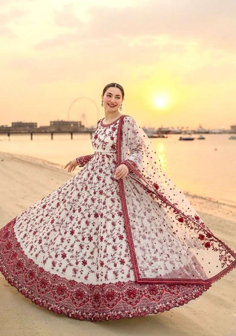 White Embroidered Georgette Salwar Kameez - Indya