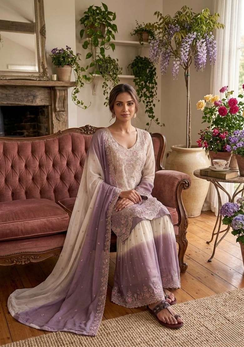 White Embroidered Georgette Salwar Kameez - Indya