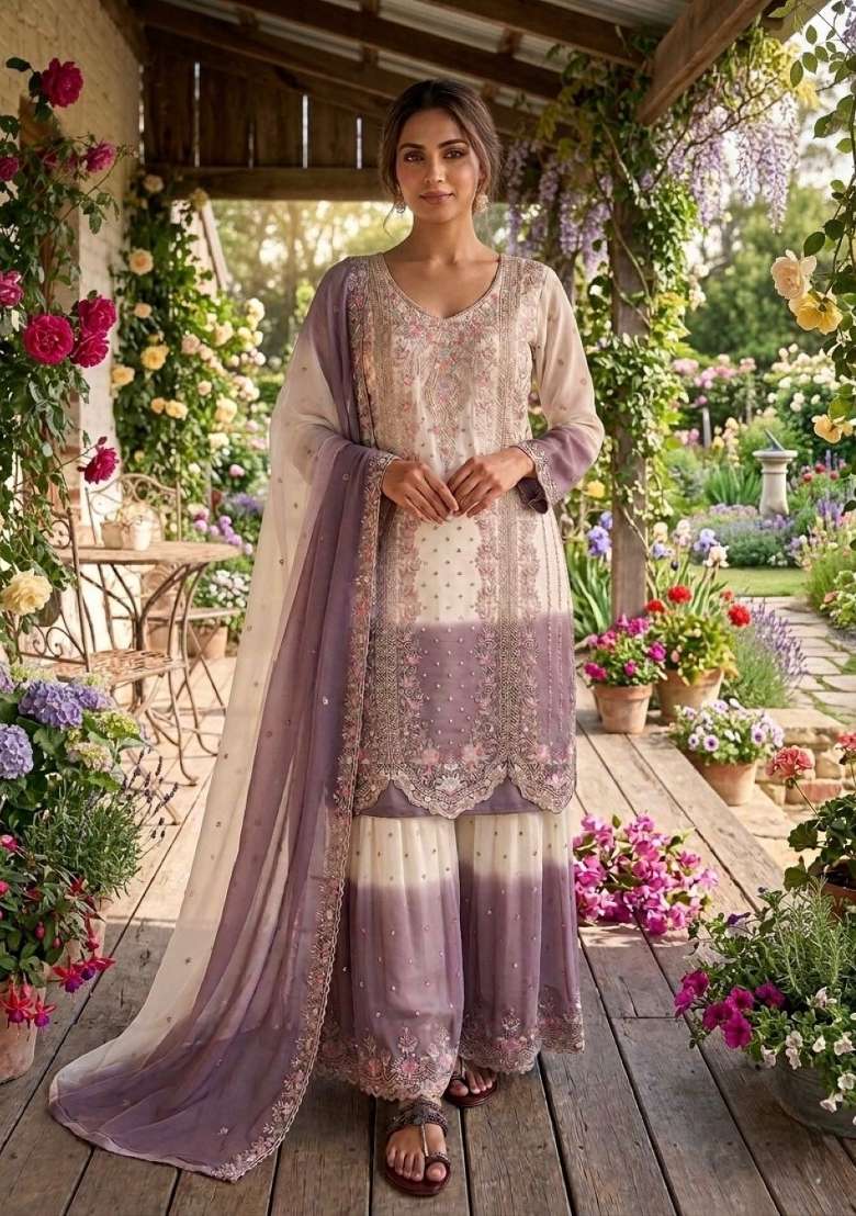 White Embroidered Georgette Salwar Kameez - Indya